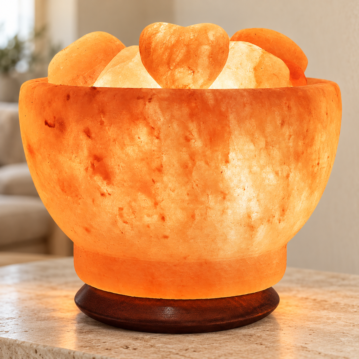 Himalayan salt fire bowl with carved salt hearts