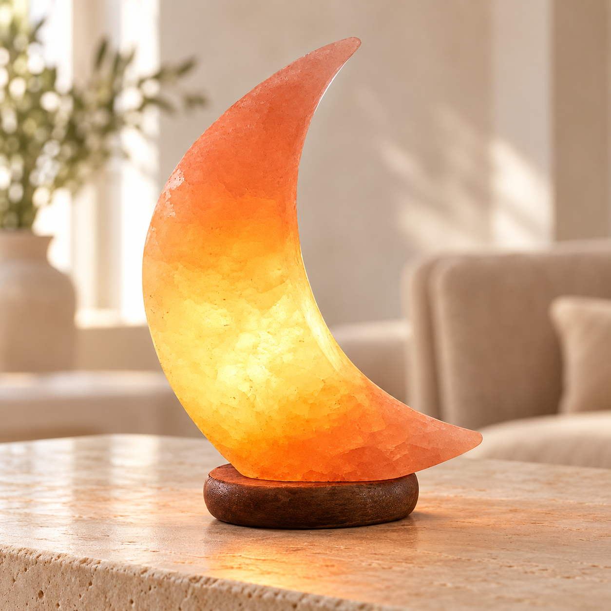 Crescent moon Himalayan salt lamp on a wooden base