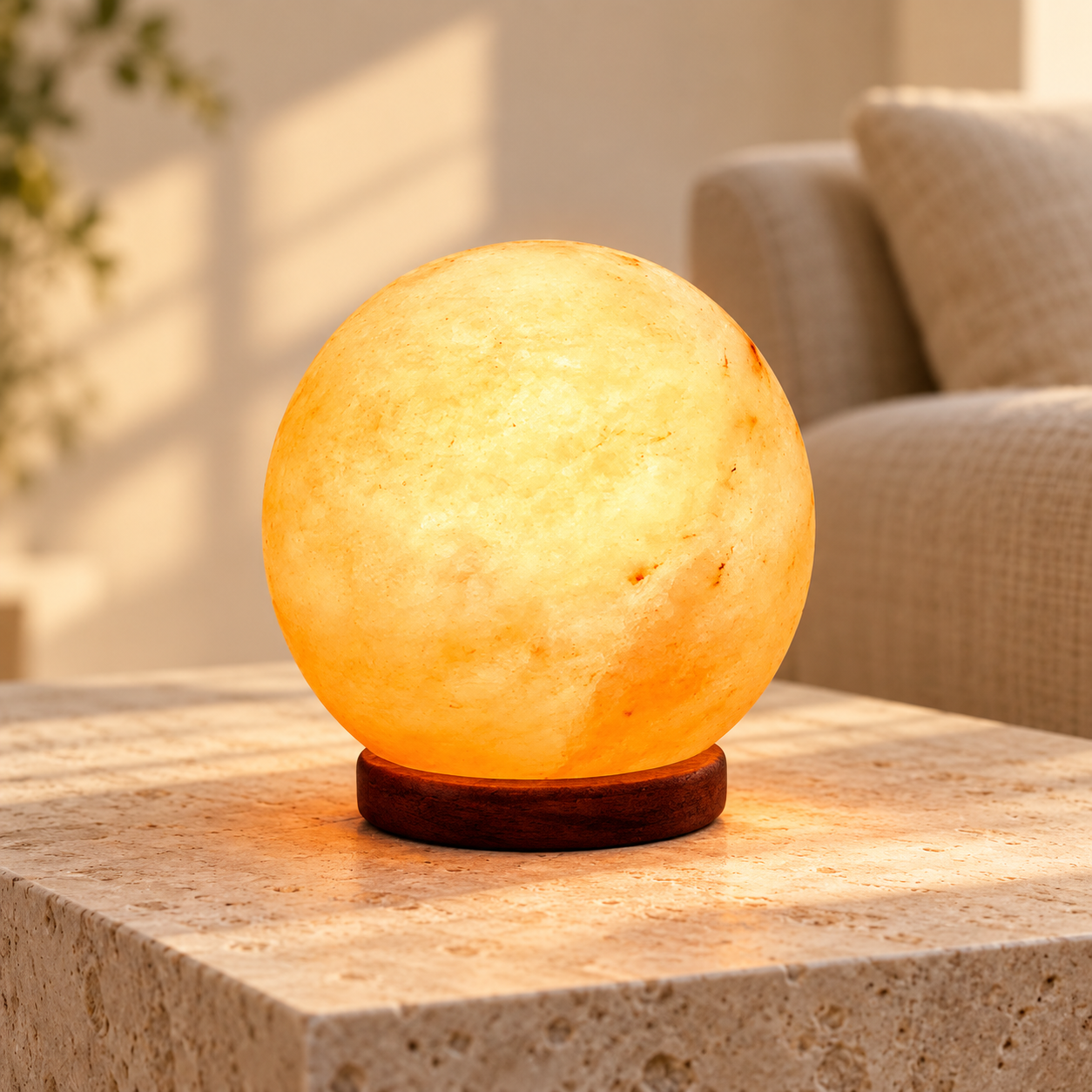 Sphere Himalayan salt lamp on a round wooden base