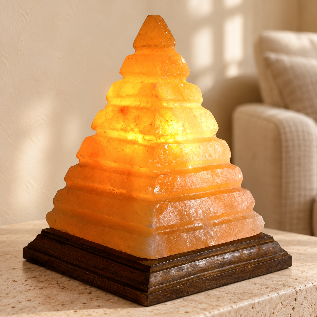 Stepped pyramid salt lamp on a square wooden base