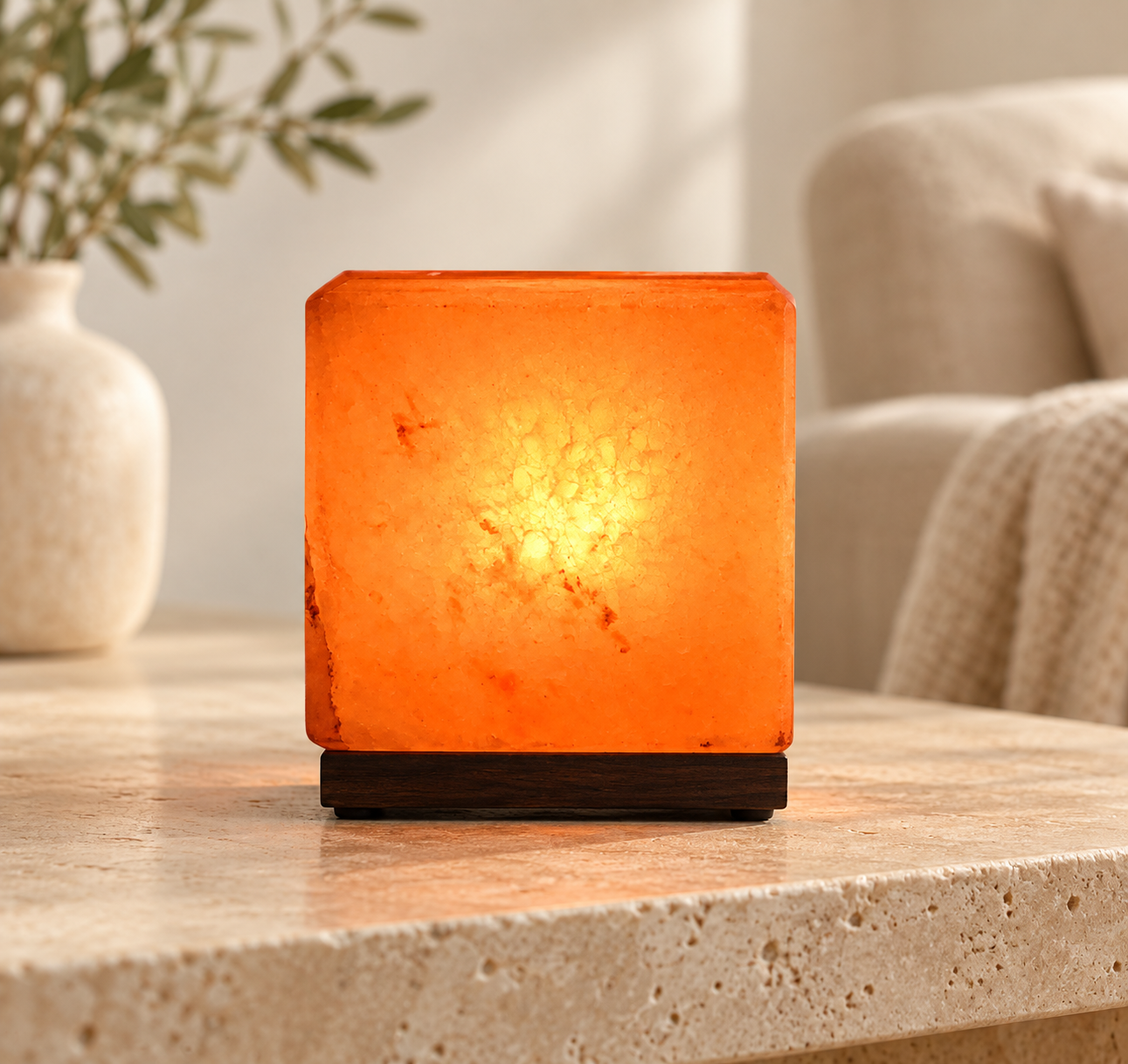 Cube Himalayan salt lamp glowing on a wooden base