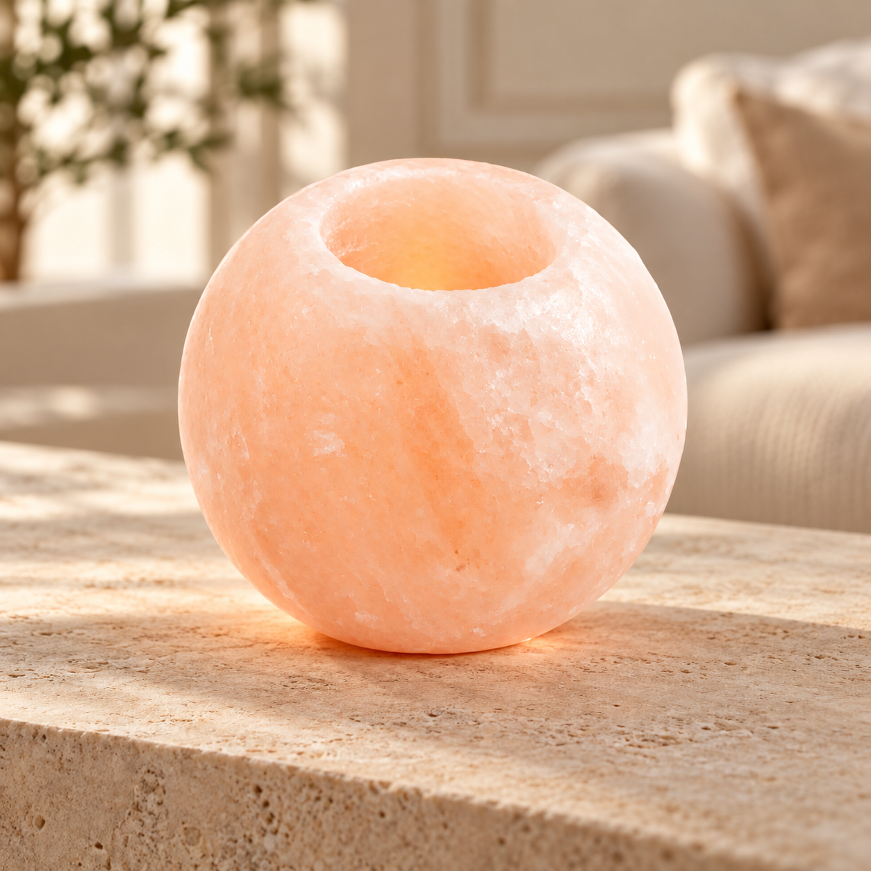 Round pink salt tealight holder on a stone console