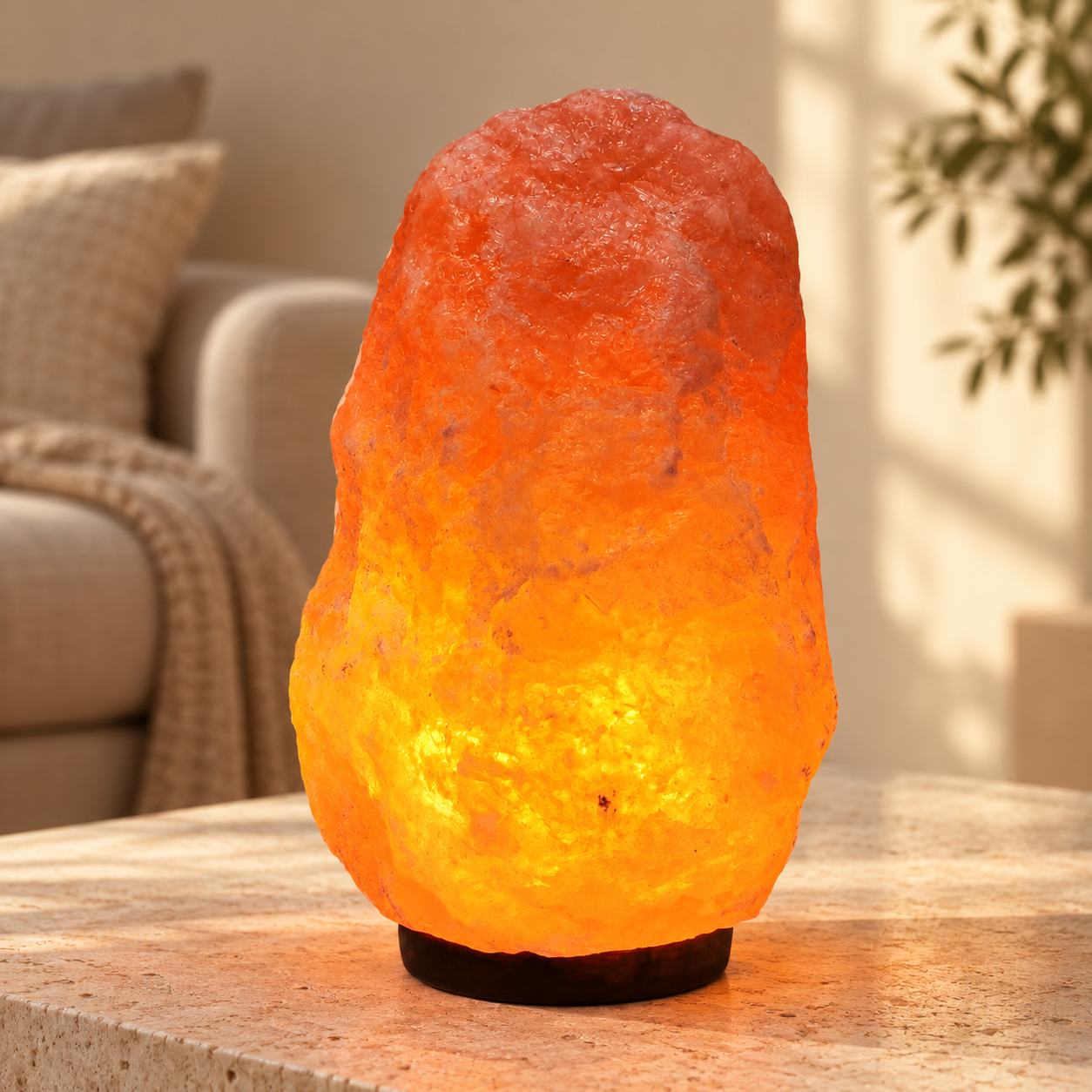 Natural pink Himalayan salt lamp glowing on a stone console
