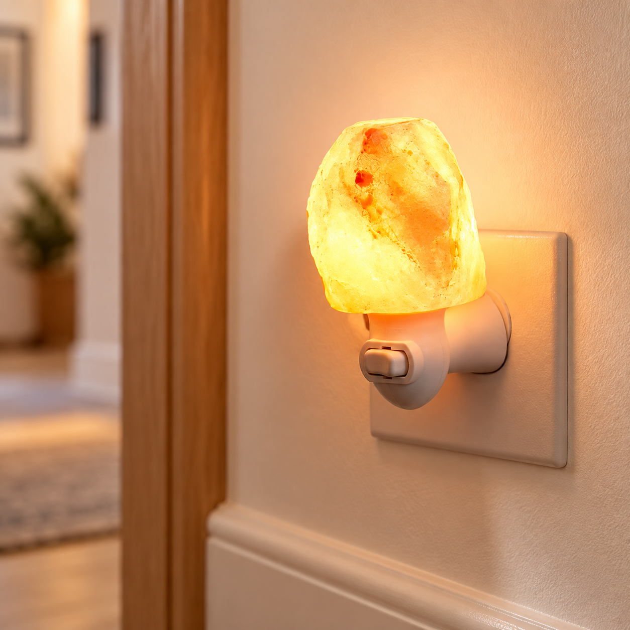 Mini Himalayan salt plug-in night light glowing against an ivory wall